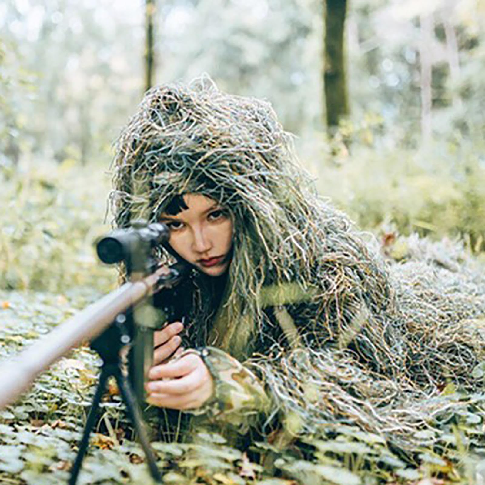 HAZARA 5-Teilige 3D Ghillie Suit Camouflage Jagdbekleidung Ghillie Suit Einschließlich Jacke,Hose,Kapuze,Tragetasche Airsoft Kleidung Set für CS Dschungeljagd Tierfotografie,ForestGreen-Kids
