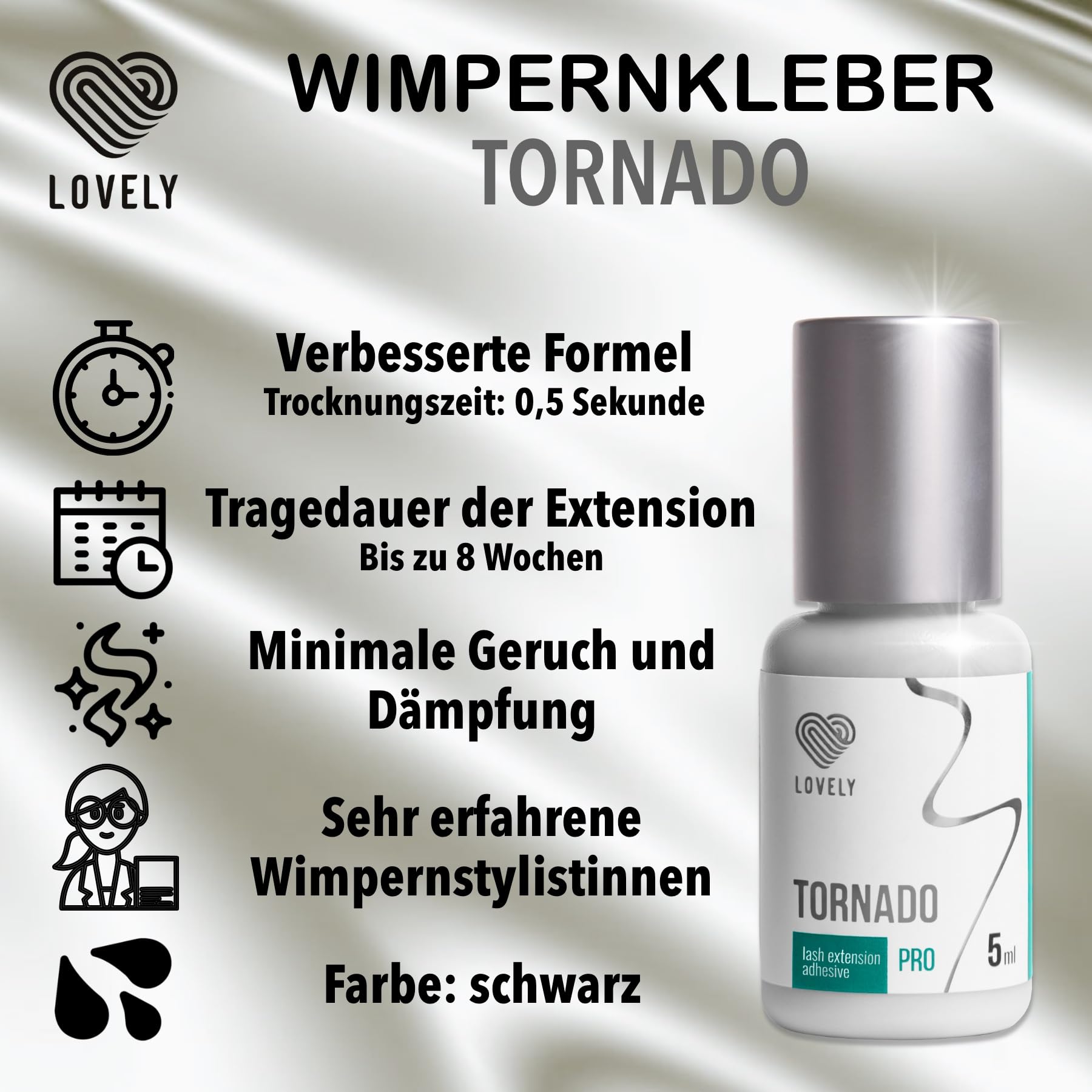 LOVELY - Pegamento para pestañas Tornado, 5 ml, color negro, ultrarrápido, secado instantáneo - 8 semanas de fuerza de adhesión, muy resistente