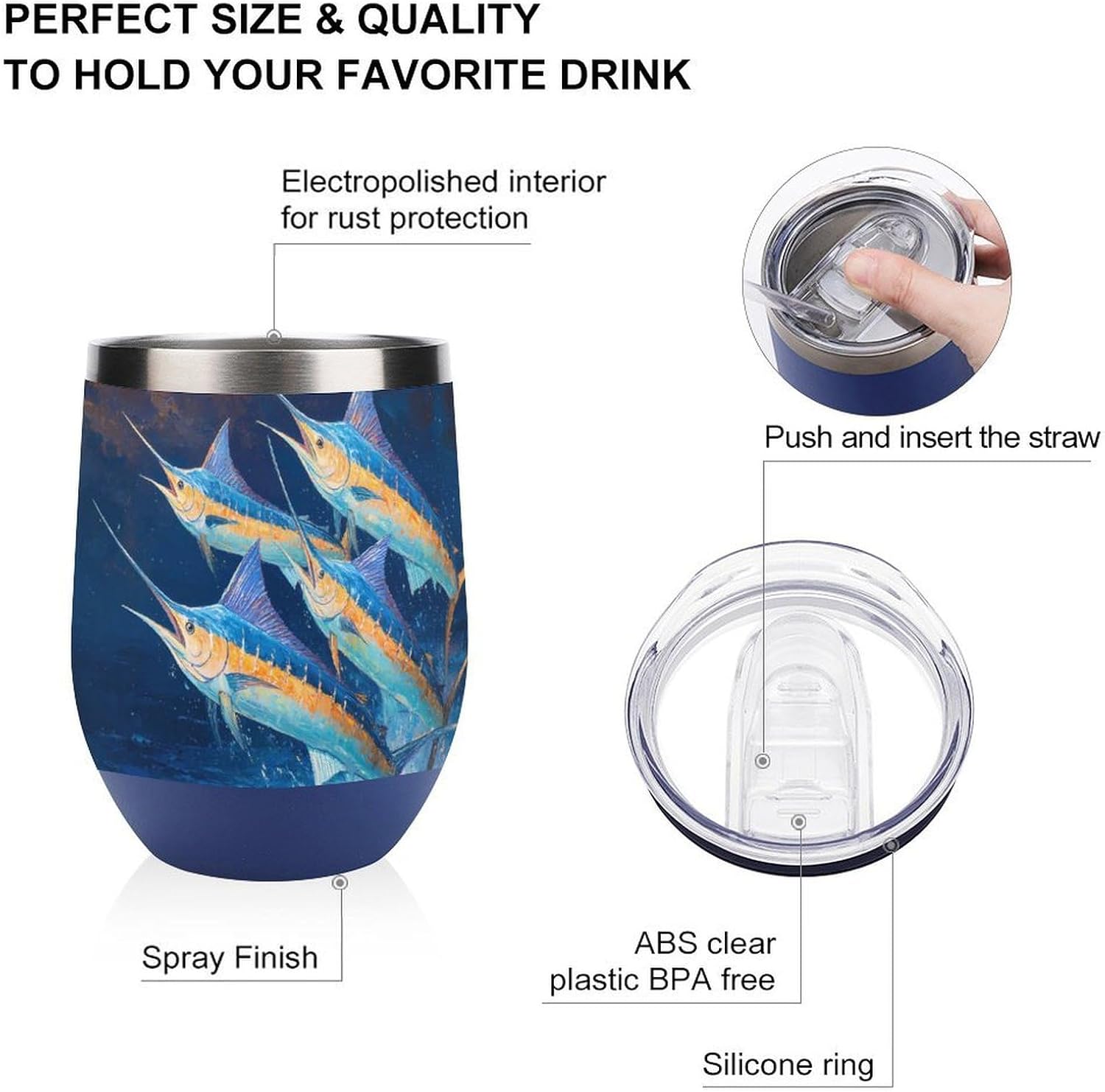 Marlin Fish Leap Out of Sea at Night Insulated Drinking Cup Stainless Steel Coffee Mug Wine Tumbler with Lid 12OZ