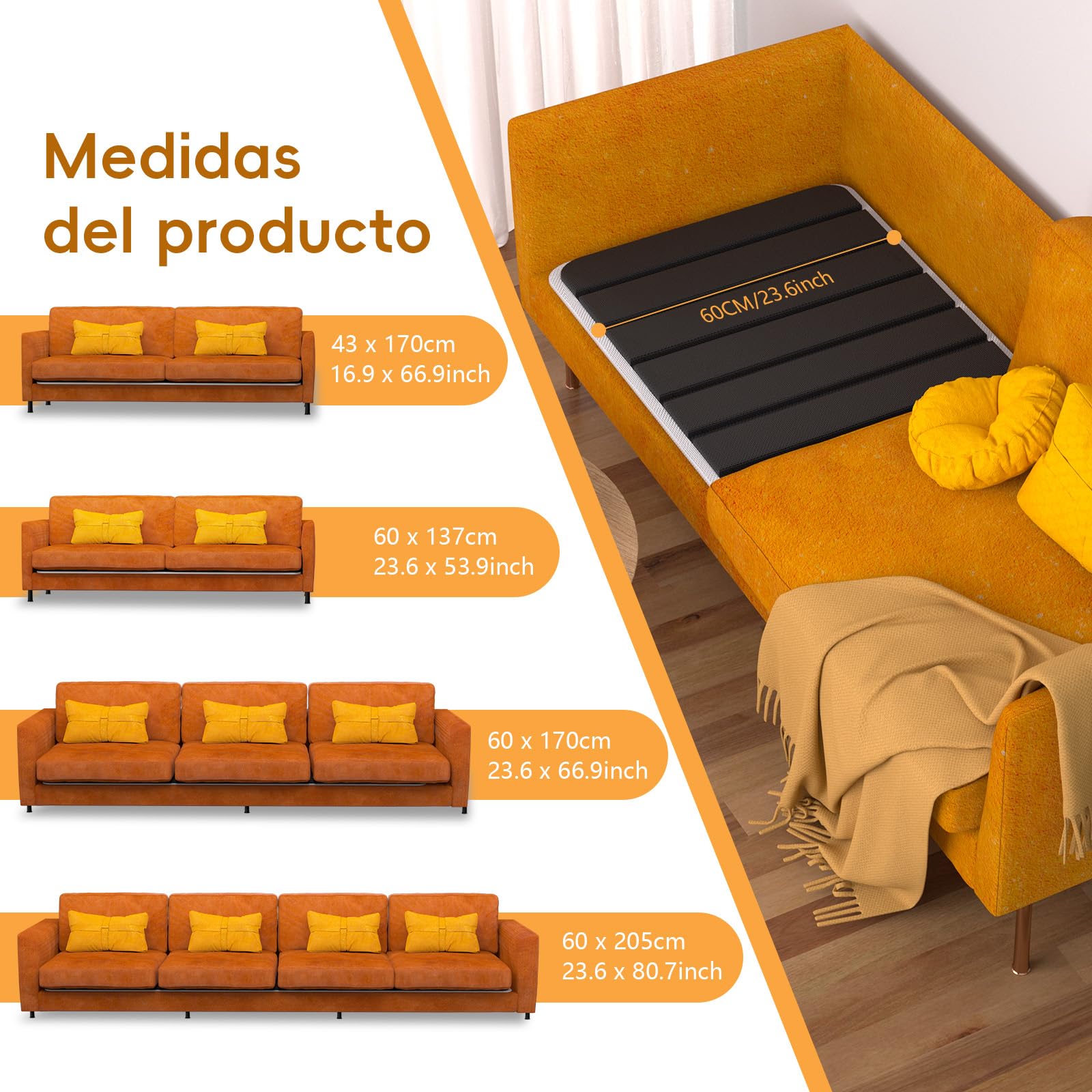 Coussin de soutien pour canapé pour siège suspendu, 167,5 x 43 cm, pliable, avec surface Oxford, planches de support en bois pour la plupart des canapés 3 places, noir