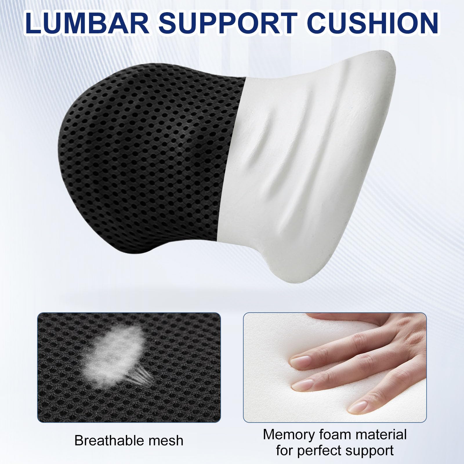 Raxfekro Cuscino lombare per la schiena, cuscino lombare ergonomico in memory foam, schienale imbottito per supporto posteriore, cuscino lombare per sedili auto e sedie da ufficio (Nero)