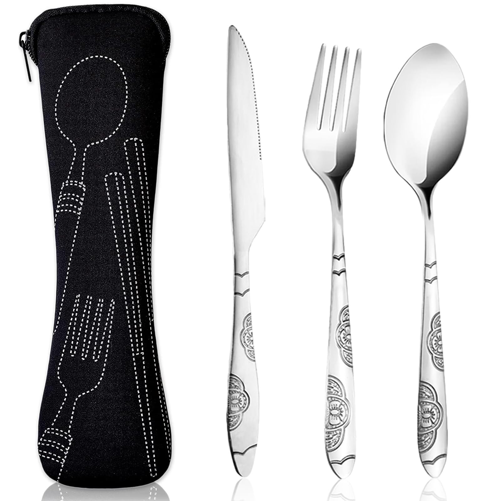 3 Pezzi Posate con Custodia Portatile, Set di Posate Acciaio Inox con Coltello Forchetta Cucchiaio per Viaggi Campeggio Picnic Ufficio Scuola
