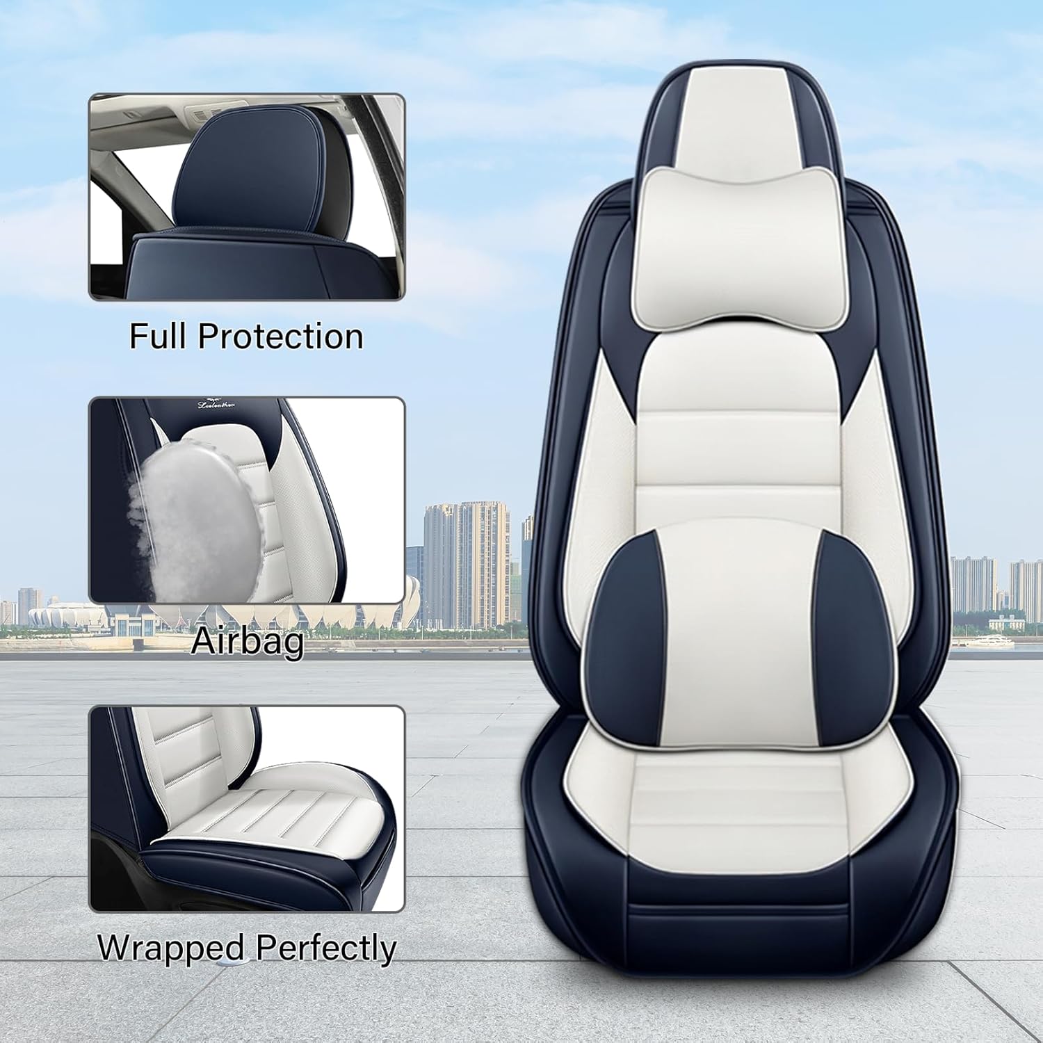 Car Seat Covers for Lexus 95% Most Cars,Waterproof Faux Leather Seat Covers Full Set,Deluxe and Breathable Auto Vehicle Interior Covers,Luxury(5-Seat Full Set,Blue&White)