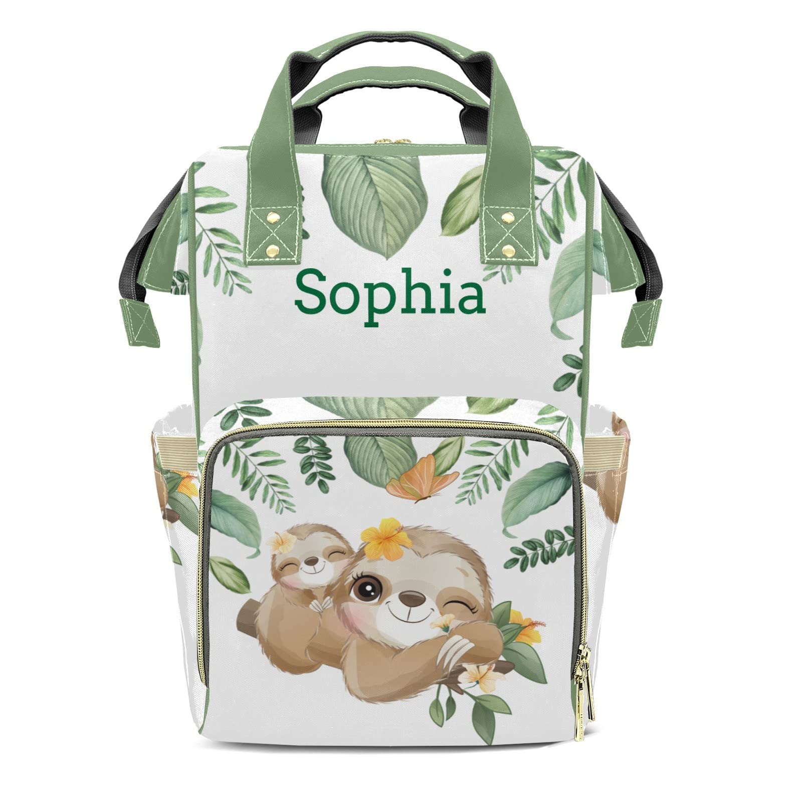 Sloth Jungle Green Leaf Diaper Bag Backpack Multifunction Bags with Changing Pad Unisex Stylish Travel Back Pack Nappy Custom Bag for Moms Dads
