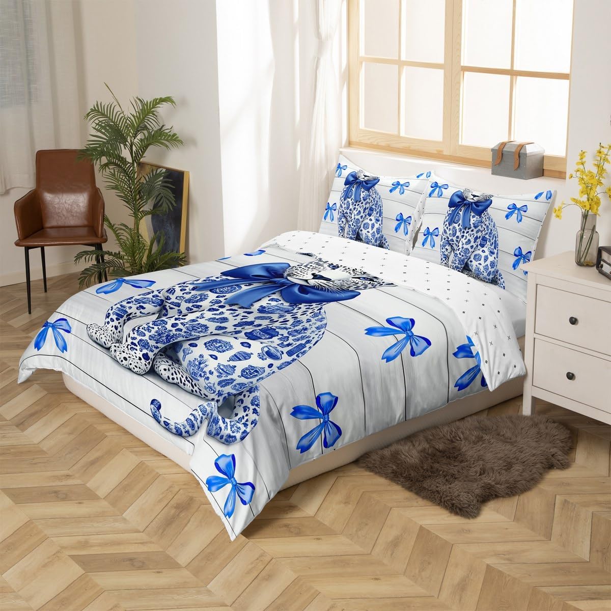 jejeloiu Cute Leopard Duvet Cover Kids Vintage Floral Bedding Set Toddler Size Blue Bowknot Comforter Cover for Room Decor Kawaii with 1 Pillow Case,NO Comforter