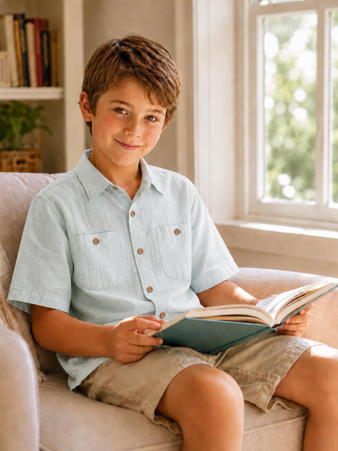Yoimira Boys Short Sleeve Button Down Shirts Lightweight Summer Casual Cotton Woven Shirt with Pockets for Kids 6-14 Years