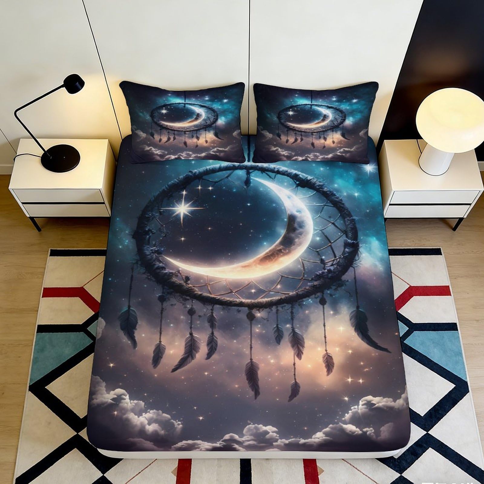 3D Printed Dreamcatcher Moon Fitted Sheet Microfiber Soft Breathable Starry Sky Bed Cover for Bedroom Dormitory Guest Room Mattress Protection 120x200x25cm