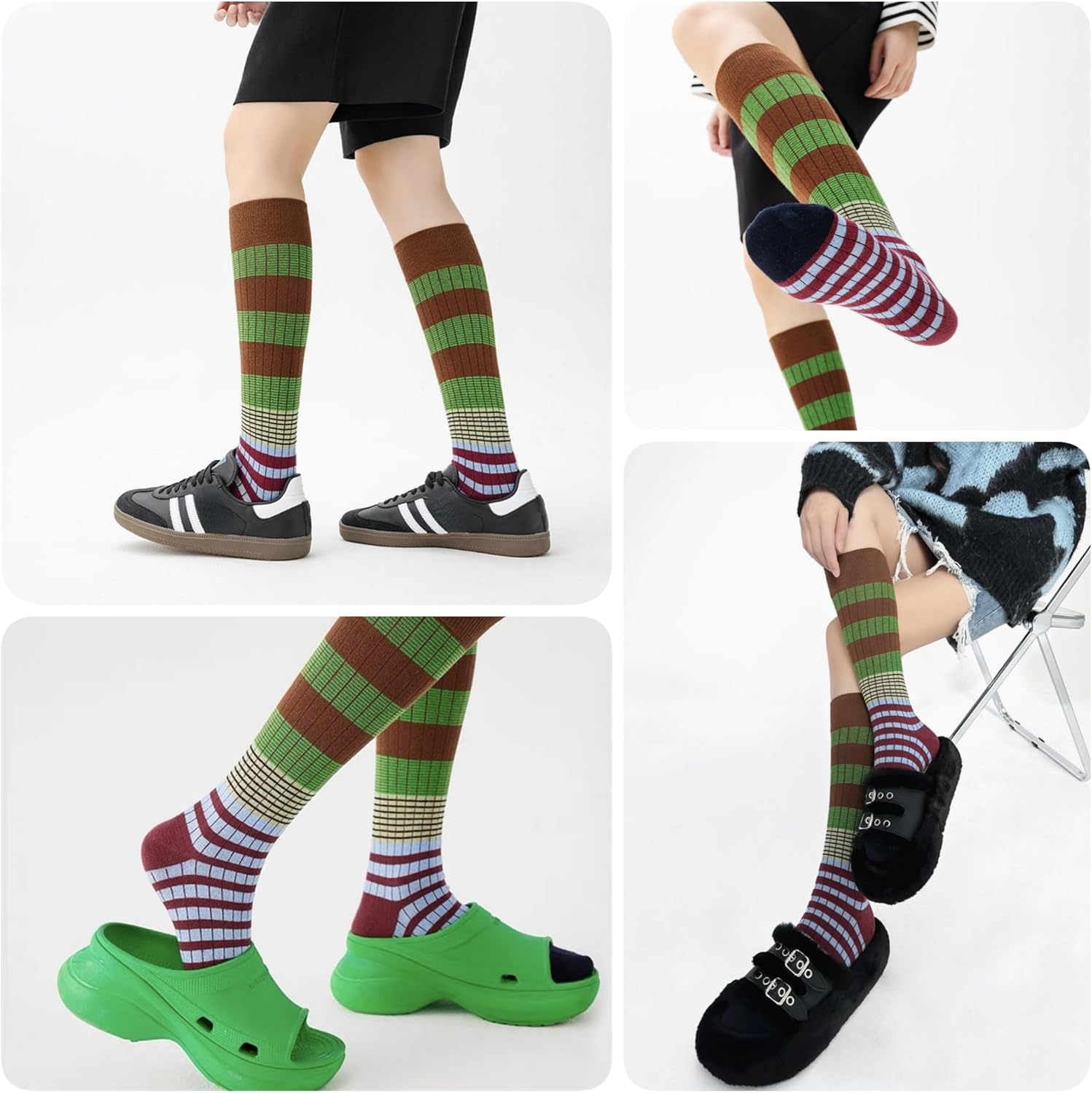 4/5 Pairs Retro Style Colorful Striped Knee High Socks for Women Soft Cotton Stockings for Sports and Daily Wear - Image 7