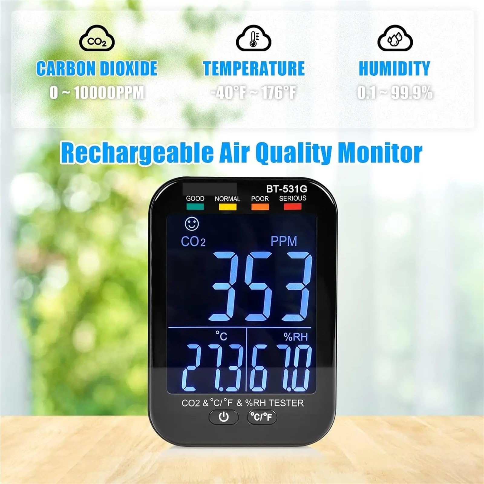 Detector de Gases, Monitor de Calidad del Aire CO2, Mide dióxido Carbono, Humedad y Temperatura en Interiores
