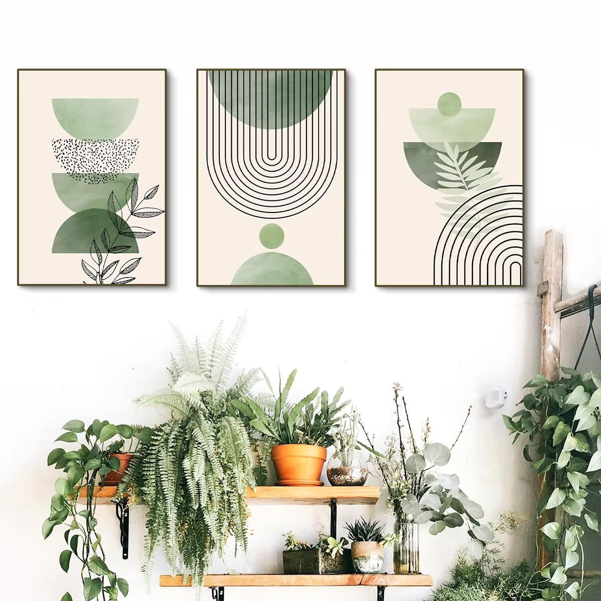 IHHGNB Boho szałwia zielone liście geometryczny plakat na płótnie minimalistyczny abstrakcyjny obraz ścienny do dekoracji wnętrz (50 x 65 cm 20 x 26 cali bez ramki)