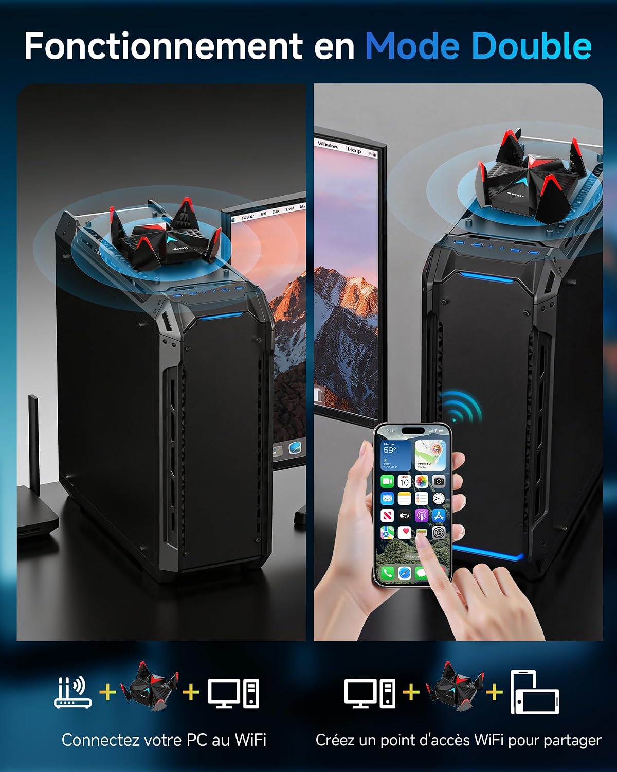 NEWFAST BE6500 WiFi 7 USB Adapter demonstrating dual functionality: connecting a PC to Wi-Fi (Receiver Mode) and creating a Wi-Fi hotspot for other devices (Transmitter Mode).
