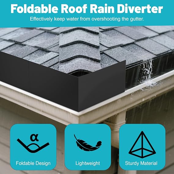 4 Pcs Gutter Valley Splash Guards, Aluminum Roofing Gutter Guard with Screws, Foldable Roof Rain Diverter for House Shingle Roofs Corner, Valley, or Straight, Black