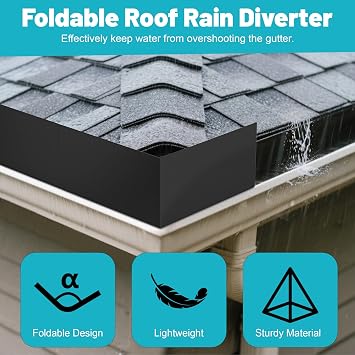 4 Pcs Gutter Valley Splash Guards, Aluminum Roofing Gutter Guard with Screws, Foldable Roof Rain Diverter for House Shingle Roofs Corner, Valley, or Straight, Black