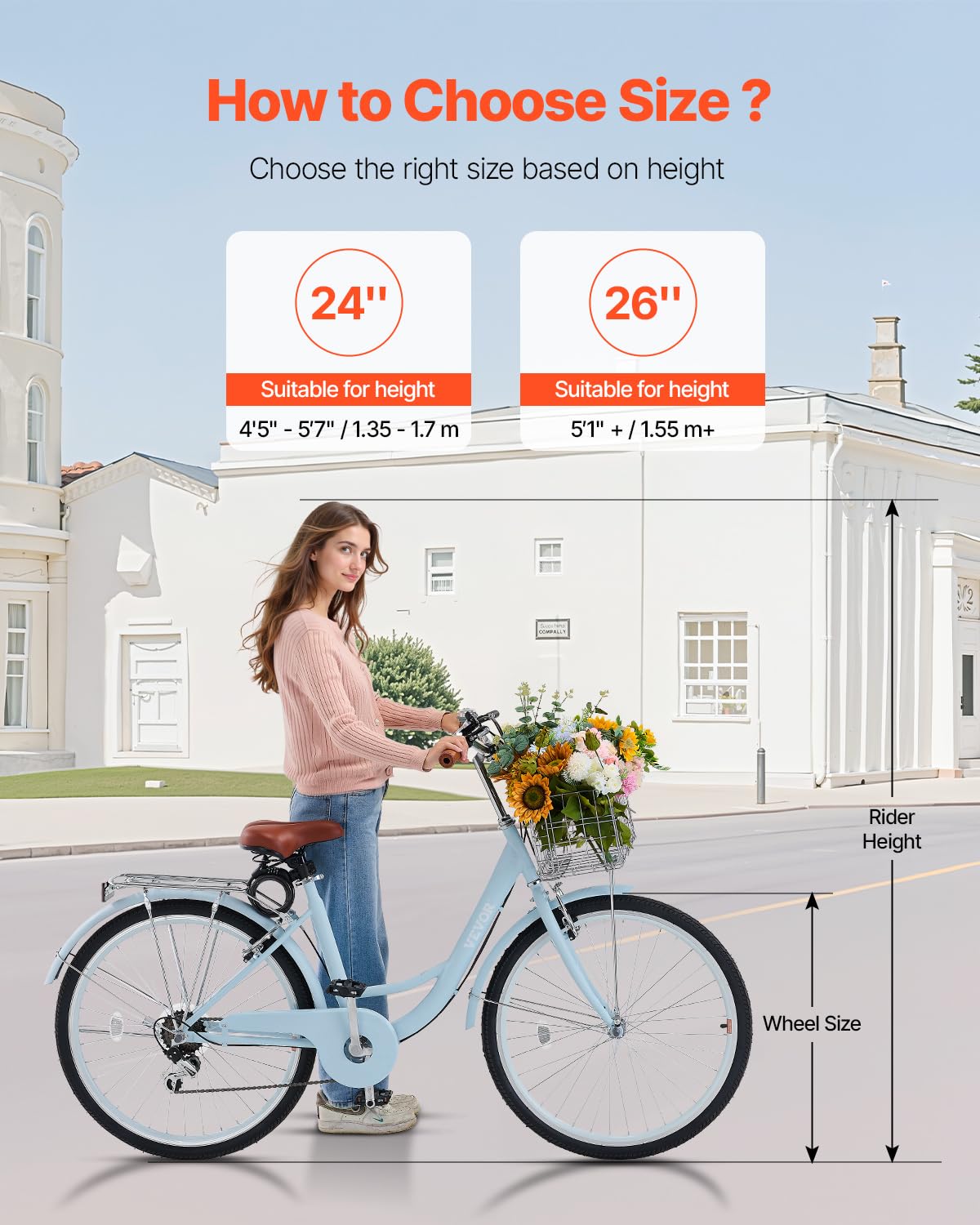 VEVOR Cruiser - Bicicleta de playa con 7 velocidades (diámetro del neumático 660,4 mm) con cesta grande y portaequipajes, bicicleta cruiser con asiento ajustable, para ciclismo, entrenamiento y