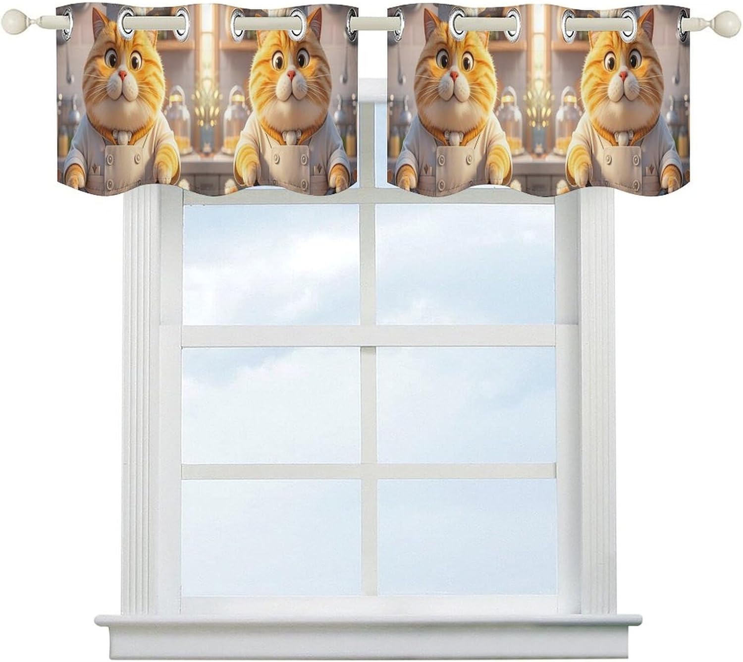 Cat Chef Valance for Windows, 2 Pack Kitchen Curtains Modern Home Decor, Soft Blackout Window Curtains for Living Room & Bedroom, 18 X 52 Inch