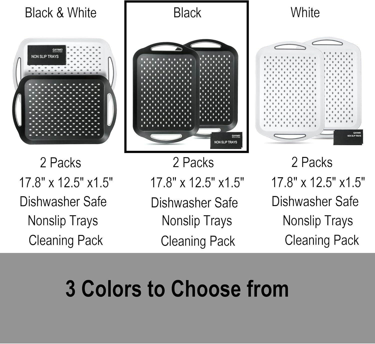 Large Anti-Slip Serving Tray with Handles, Dual Rubber Grippy Lap Food Trays for Eating, Dinning, Breakfast, on Couch/TV, Black - Set of 2