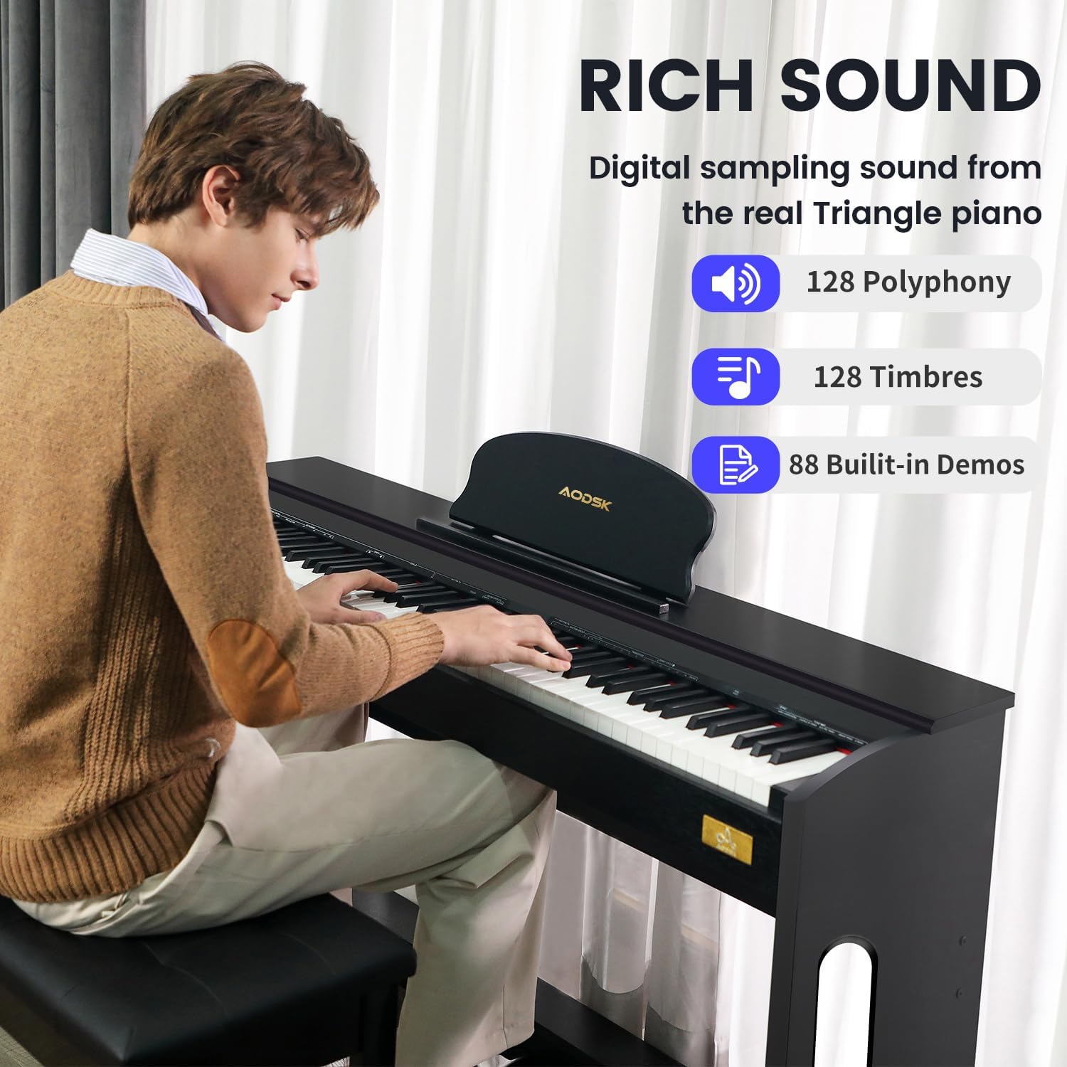 Components of the AODSK digital piano and bench, including the main piano unit, bench parts, and accessories, laid out for assembly.