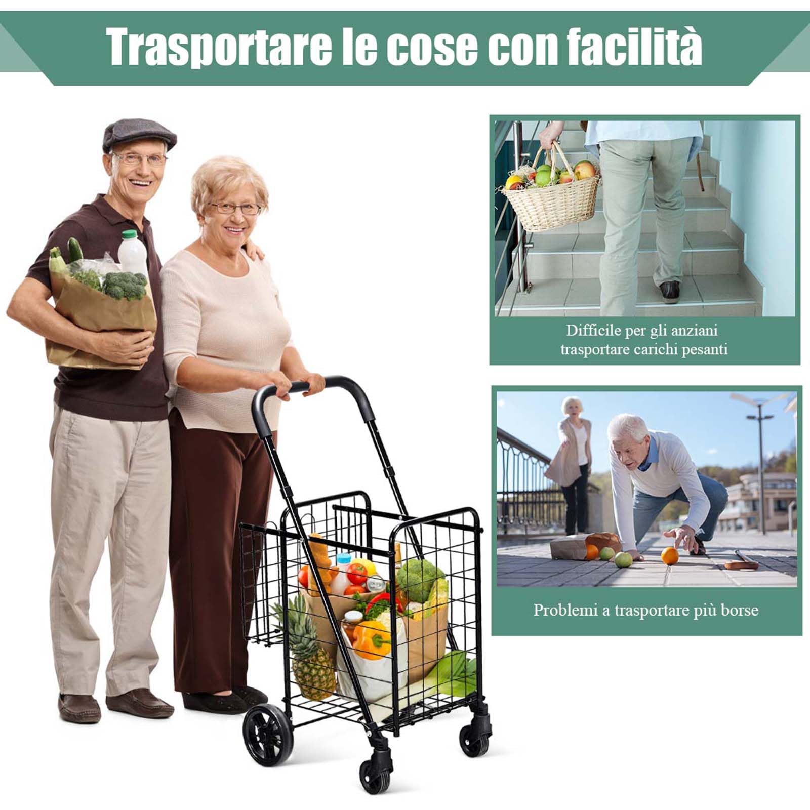COSTWAY Carrello Portaspesa Pieghevole, Carrello Spesa con Ruote Girevoli a 360 °, Manico Regolabile, 2 Cesti, Capacità di Carico: 20 kg, 58L, 43 x 52 x 89-95 cm (Nero)