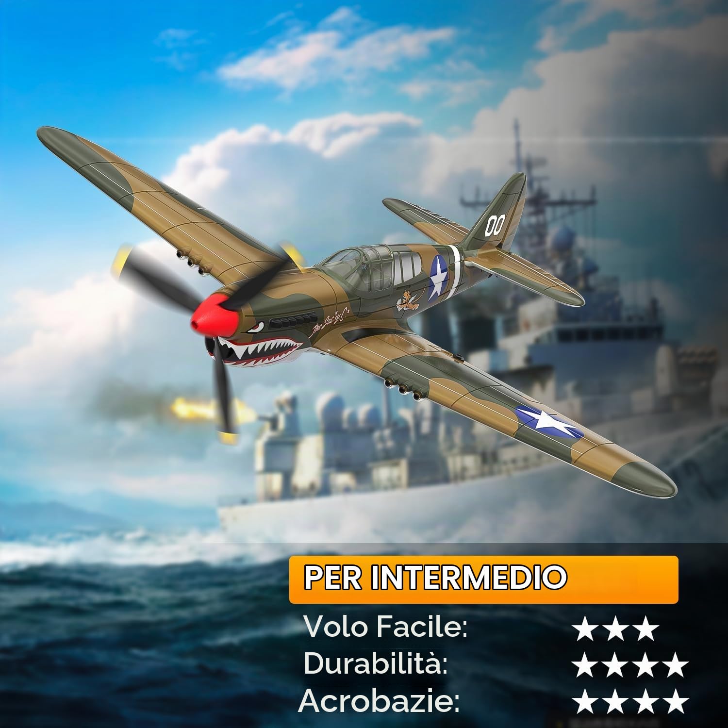 volantexrc Aereo Telecomandato P40 Warhawk V2, 4 Canali 2.4GHz con Giroscopio 6 Assi, Modello RTF Pronto a Volare, Ideale per Adulti, Aereo da Caccia Elettrico con Stabilizzatore Automatico