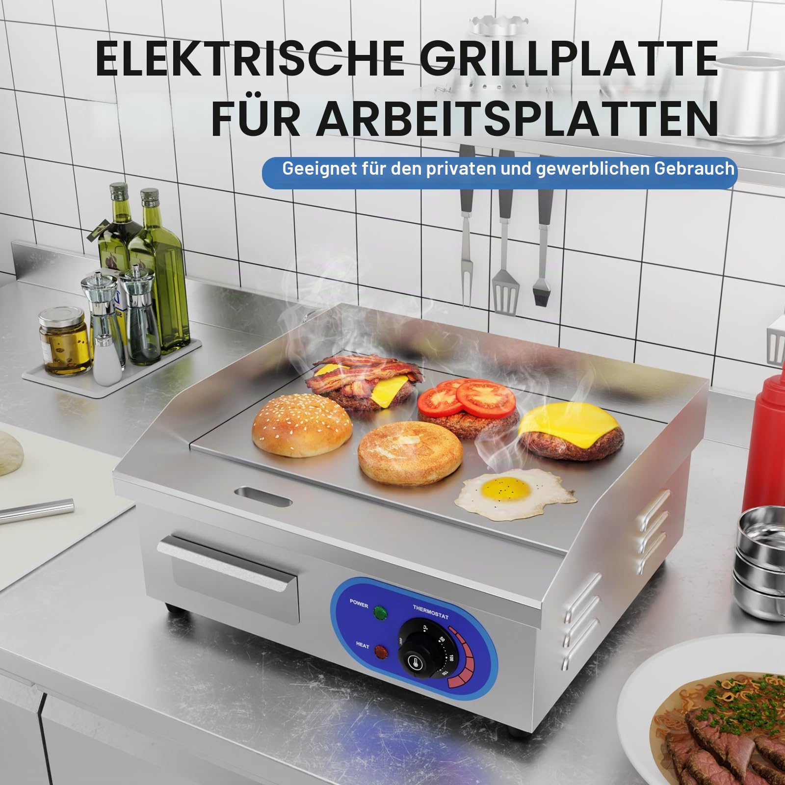 TAIMIKO Elektrische Plancha 220-240 V Edelstahl Grillplatte Thermostat 50-300 °C