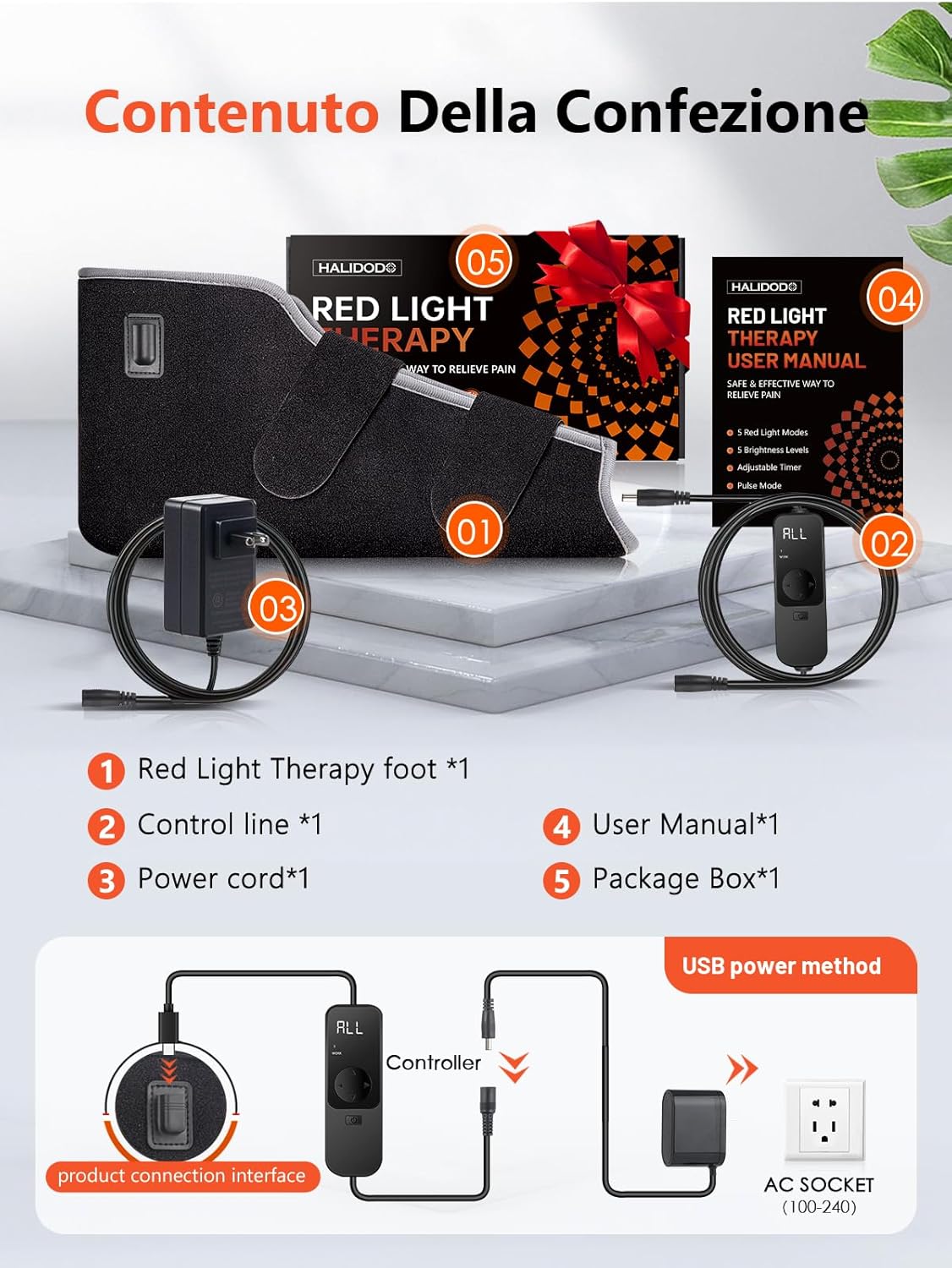 Diagram showing HALIDODO Red Light Therapy Foot Wrap components: foot wrap, control line, power cord, user manual, and package box.