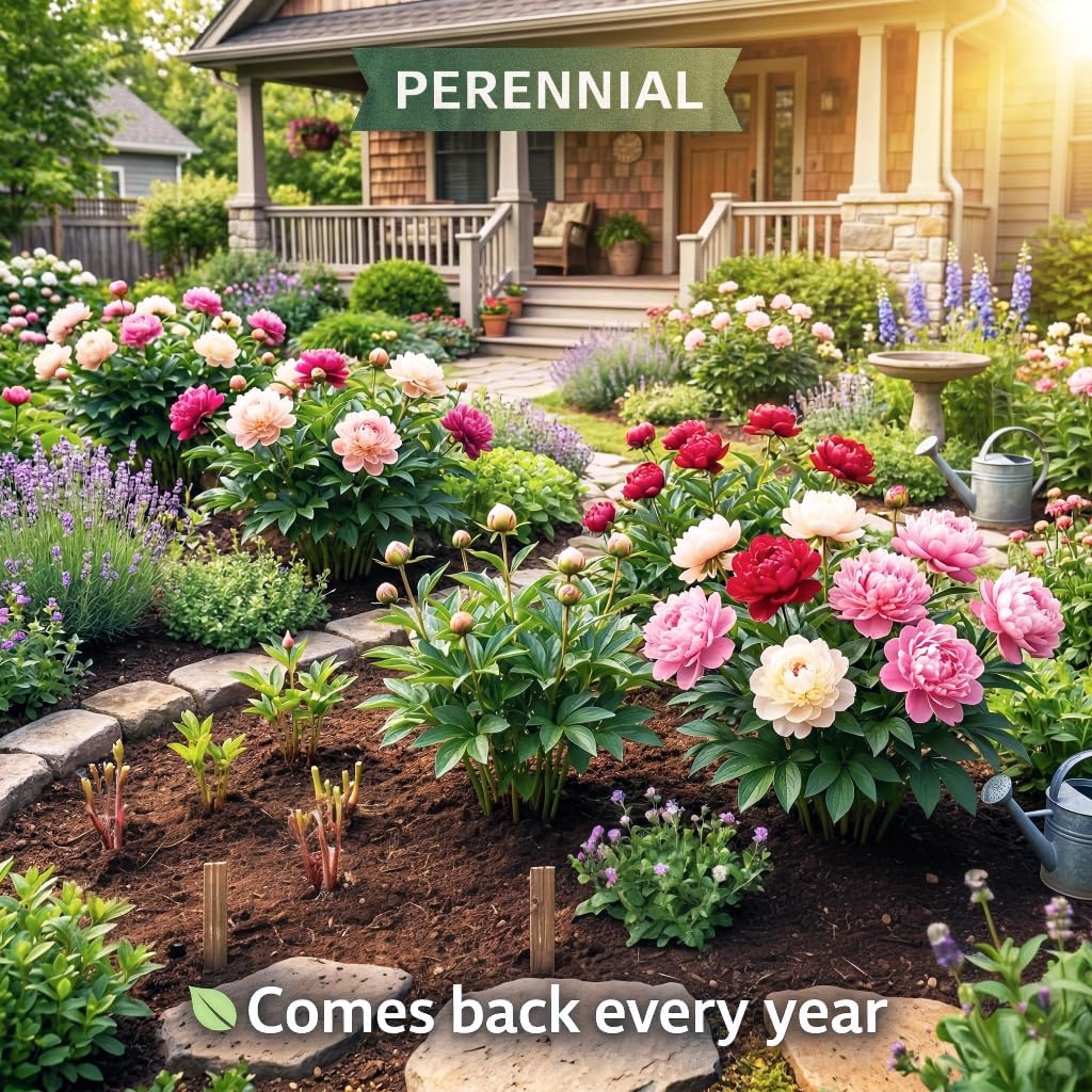 Jumbo 4 Pack Colorful Red, White & Pink Peonies Flower Bulbs Bare Roots Collection - Attracts Butterflies, Bees & Hummingbirds - These Double Blooms Measure Over 7 inches in Diameter - Great Gift!