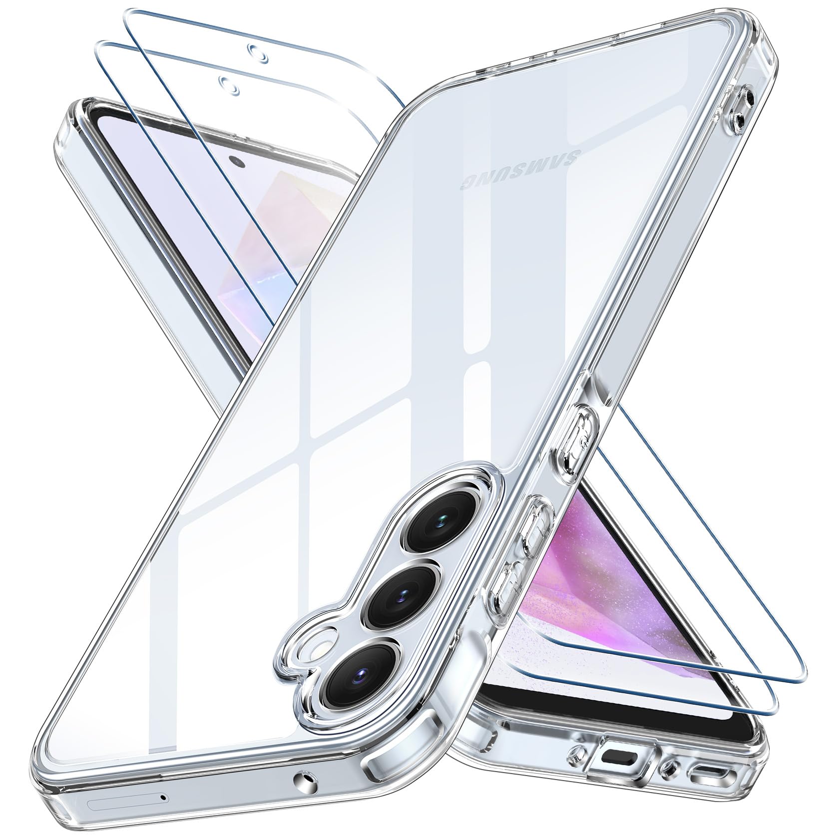 FLLAO Cover Compatibile con Samsung Galaxy A35 5G con 2 Vetro Temperato, [della Fotocamera Protezione] Anticaduta Antiurto Anti-Graffio Hard PC Custodia Trasparente