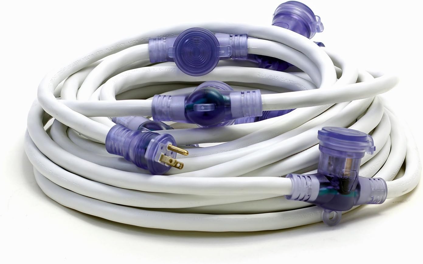 50Foot 12/3 White Outdoor Multi Outlet Extension Cord 5 Water Resistant Covered Outlets
