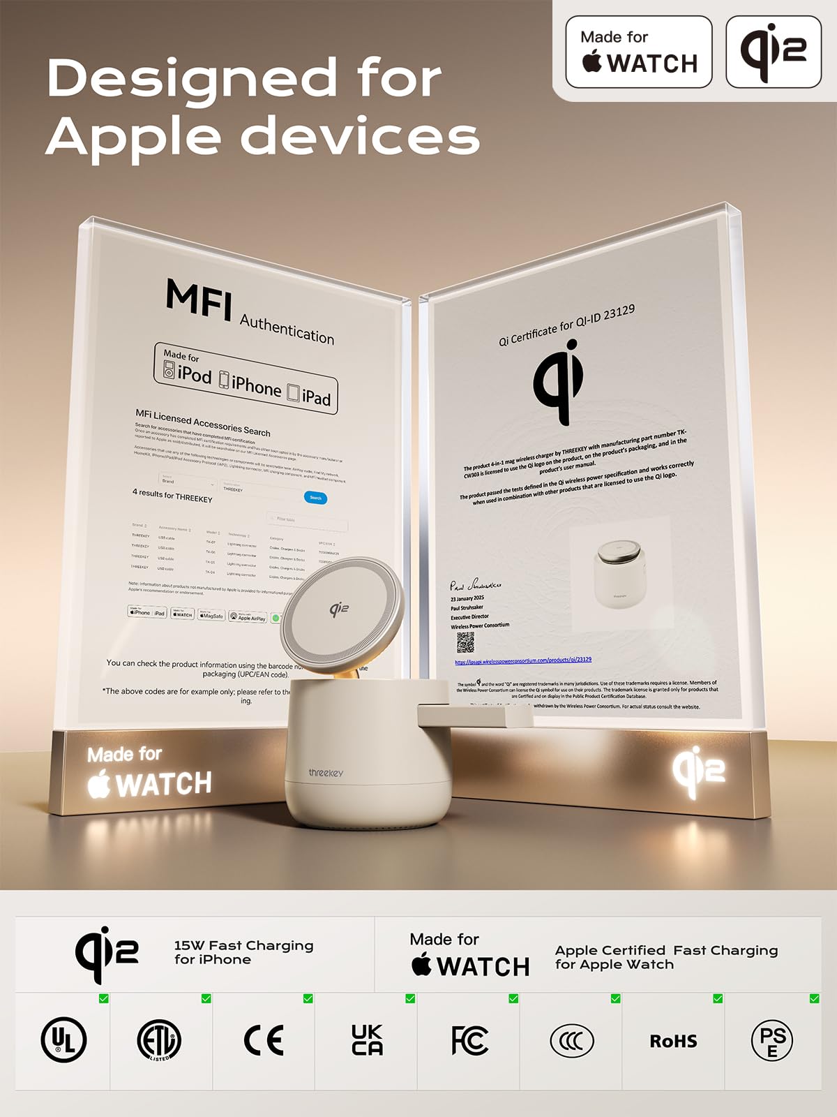 Station de charge sans fil 3 en 1 pour Apple Magsafe 15 W, certifiée MFI à trois touches pour Apple Watch Magsafe Cube de chargeur pour iPhone 16/15/14/13, 12, iWatch, AirPods et iPad, chargeur 65 W