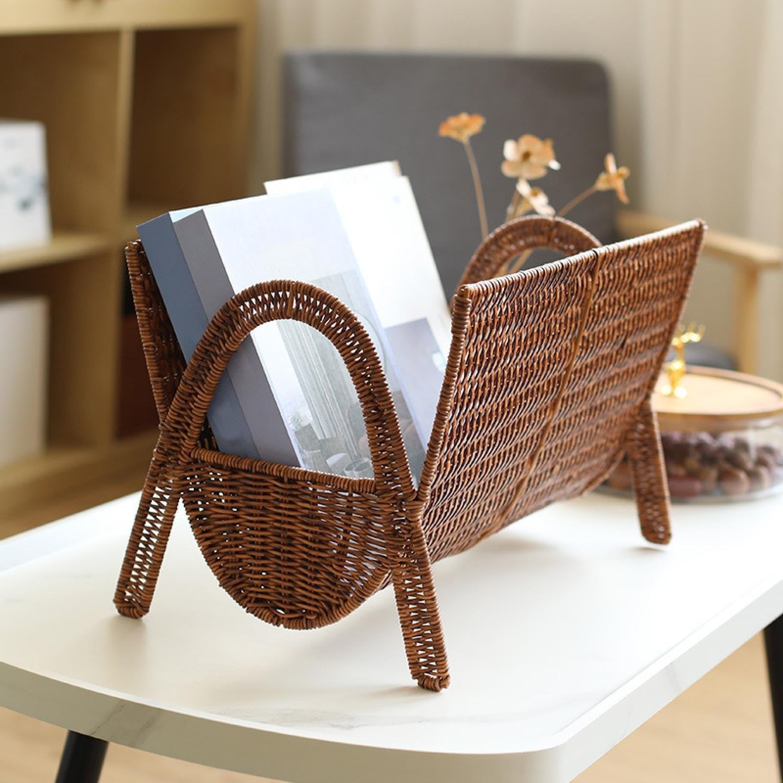 Porte-revues en rotin tissé à la main Panier de rangement livres Imitation rotin porte-revues tissé à la main for ferme dortoir essentiels fichiers salon Pour magazines, livres
