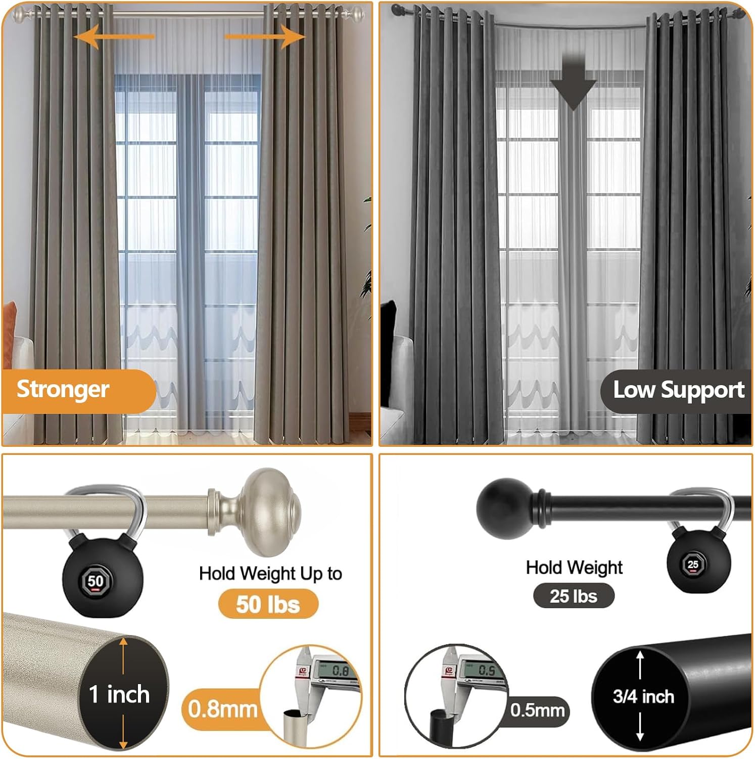 Nickel Curtain Rods for Windows 32 to 48 or 60 Inch,1 Inch Heavy Duty Curtain Rod with Imitation Wood Grain Finials, Boho Adjustable Drapery Rods of Window Treatment