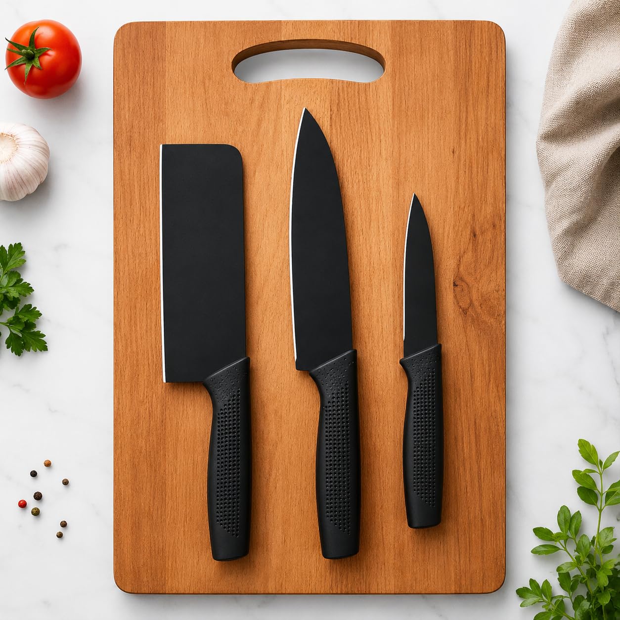 STARKENDY 3 Pcs Kitchen Knife Set with Chopping Board | Black Stainless Steel Chef Knife, Cleaver & Utility | Cooking Knife Set with Vegetable Cutting Board Kitchen Accessories-picture-32