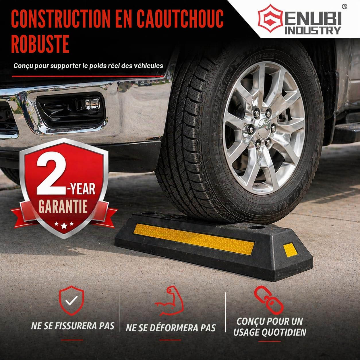 Lot de 2 bordures en caoutchouc noir très résistantes avec bandes jaunes réflectives, butées de roue pour voiture, camion, camping-car, remorque et garage - Qualité professionnelle