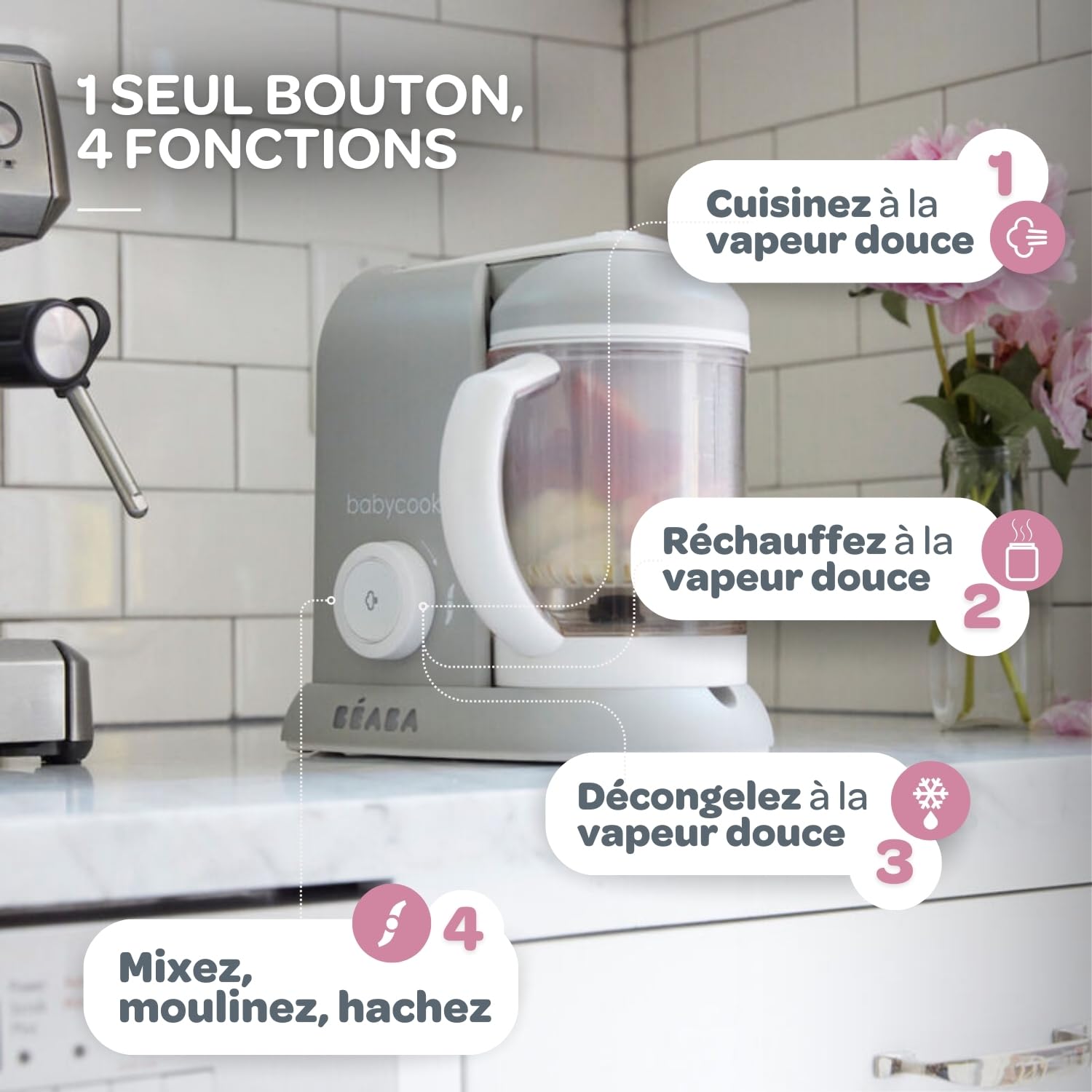 BÉABA, Babycook Solo, Robot Bébé 4 en 1 Mixeur-Cuiseur, Cuisson Vapeur, Diversification alimentaire, Petits pots bébé maison, Gris