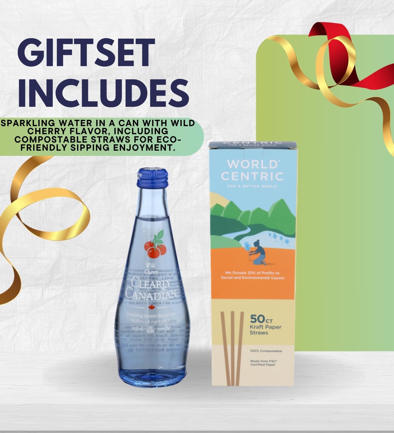 Clearly Canadian Sparkling Water – Water Sparkling Wild Cherry (11oz) Bundle with Straw Paper (50pc) for Refreshing Flavored Hydration and Convenient On-the-Go Sipping – Gift Set (2 Items)
