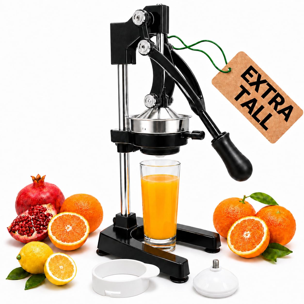 Manuelle Saftpresse Edelstahl 304, 48 cm, mit 2 Pressaufsätzen | Für Orangen, Zitronen, Granatäpfel, Apfel- und Birnenstücke; hoher Auslauf für Becher, stabile Saugfüße