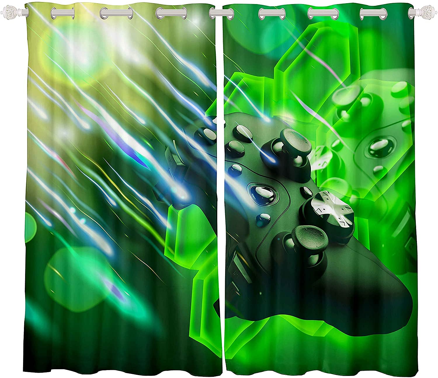 Video Game Windows Drapes Game Controller Curtain Gaming Window Curtains Green Hexagon Geometric Window Treatments W46*L72 — image 1