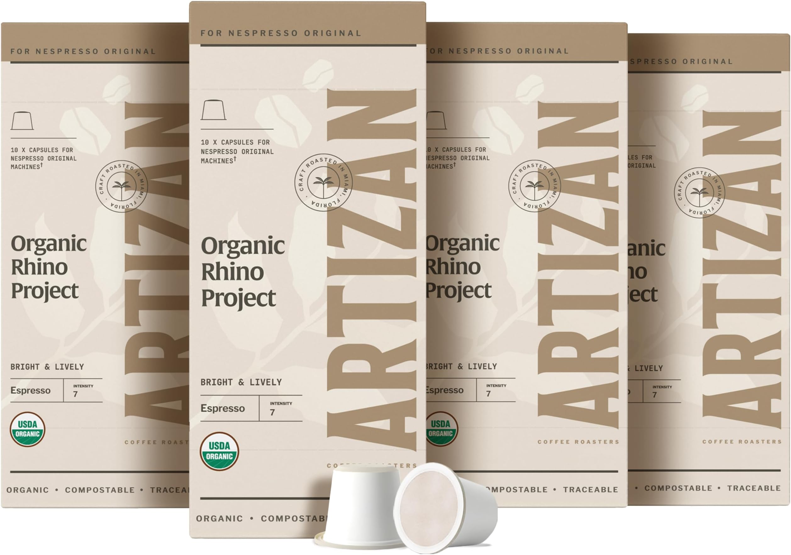 Artizan Coffee USDA Organic Espresso Coffee Capsules For Nespresso Original | Rhino Project | 40 Compatible Compostable Pods