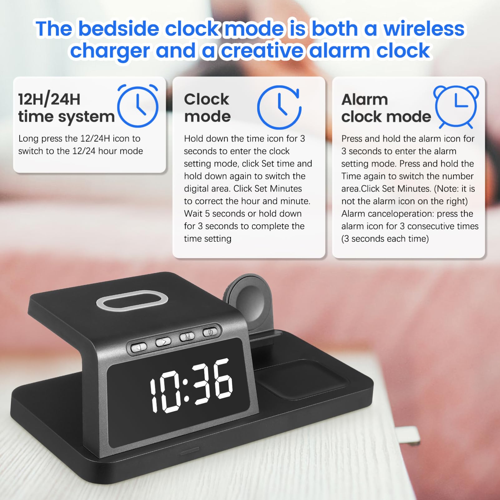 Support De Charge sans Fil pour Montre Intelligente, Téléphone Et Écouteurs avec Horloge Numérique Intégrée Et Affichage