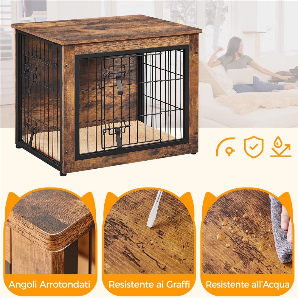Yaheetech Gabbia per Cani Kennel Tavolino Armadietto con Doppie Porte Gatti a Rete in Legno da Interno 80,5 × 55,5 × 64 cm Marrone Rustico