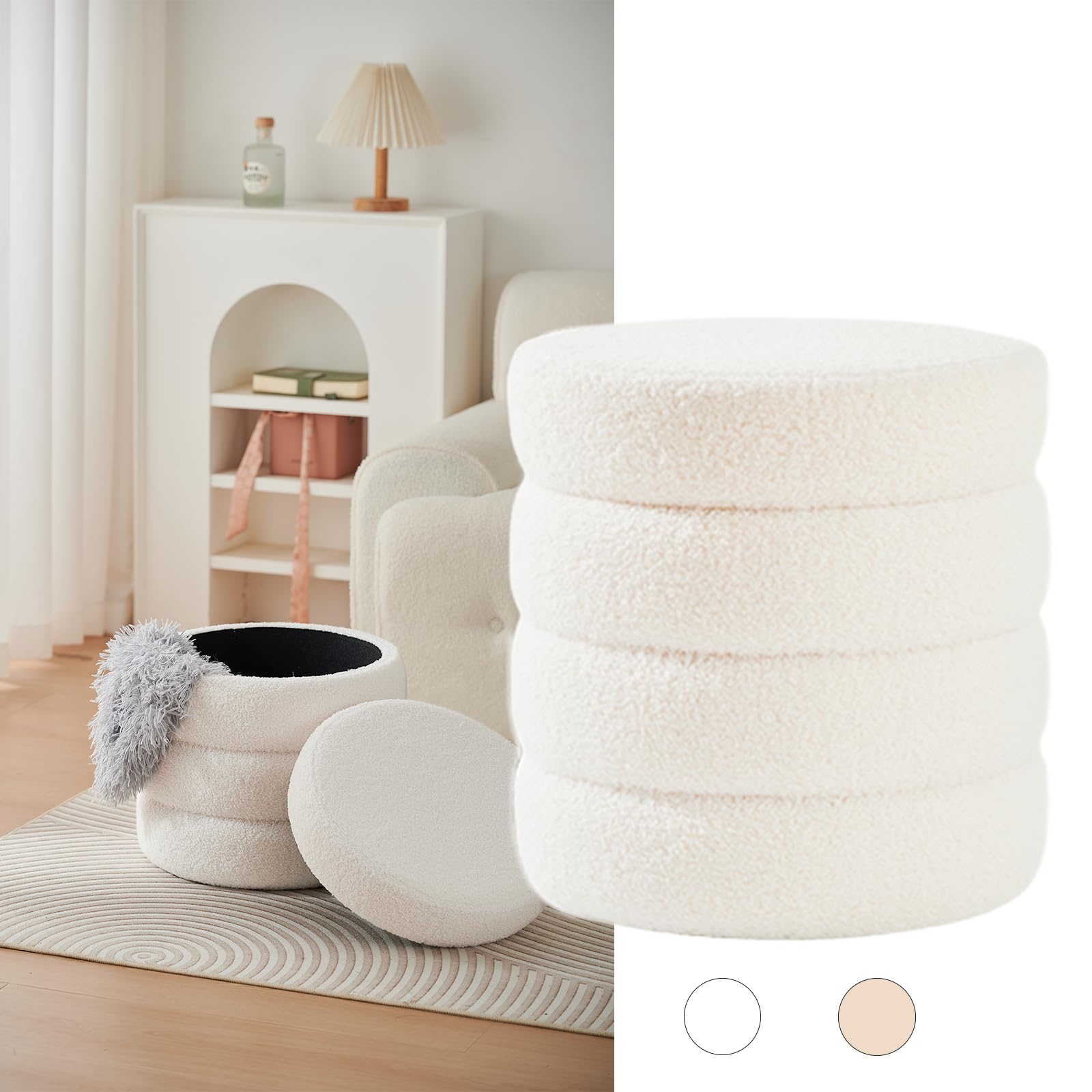 Zedelmaier Runder Teddy Hocker mit Stauraum - Sitzhocker, Schminktisch & Aufbewahrungshocker für Wohnzimmer, Schlafzimmer & Kinderzimmer (Weiß)