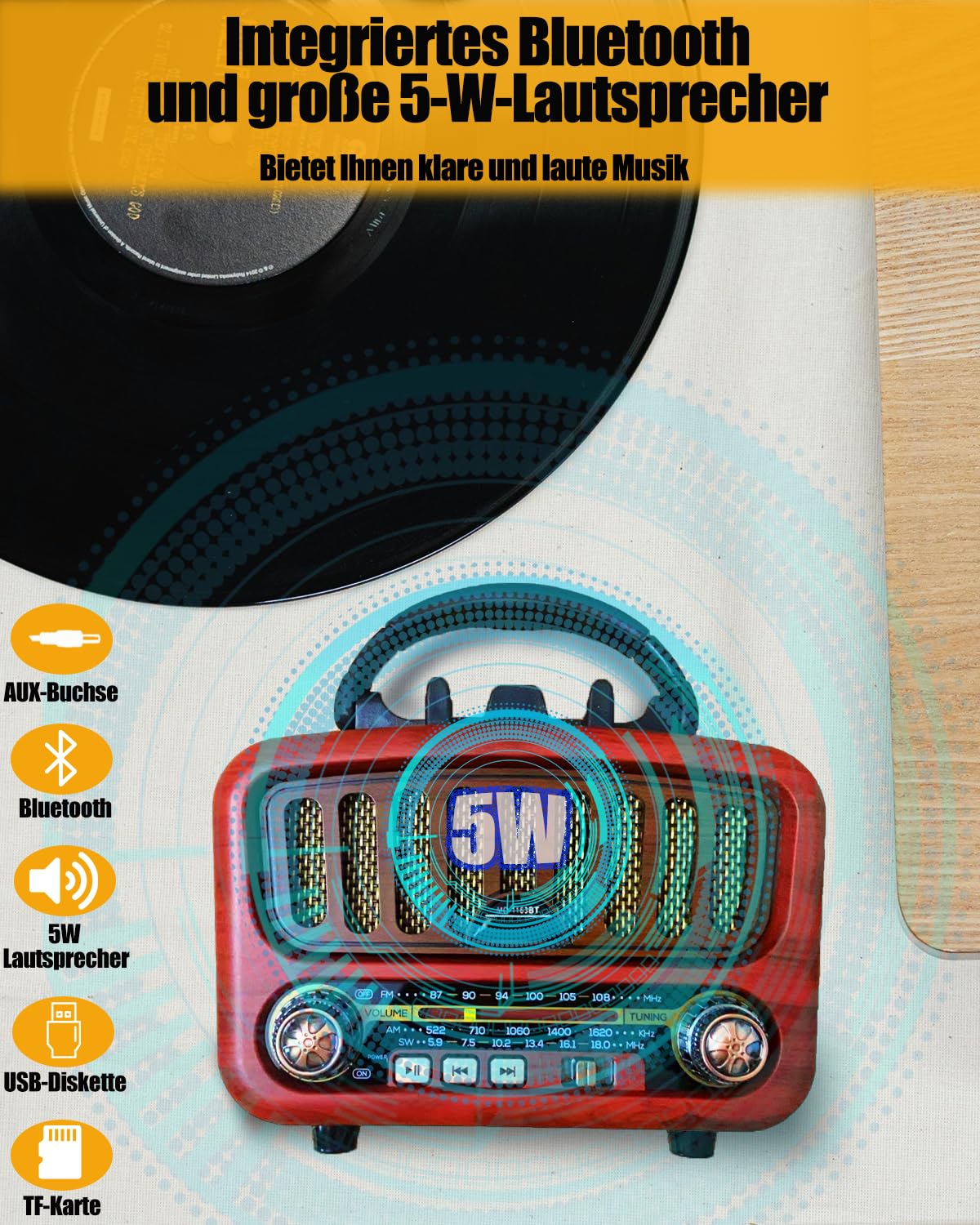 Retro Radio mit Bluetooth, AM/FM/SW Tragbares Radio Klein 5W großer Lautsprecher und Bluetooth 5.0, UKW Lautsprecher Batteriebetrieben unterstützt USB/TF/AUX Funktion (Rot)