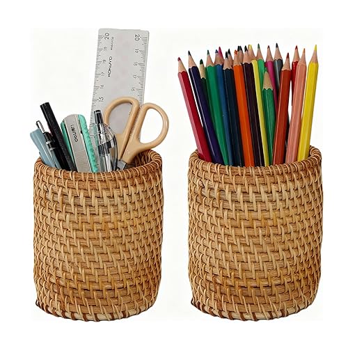 Handmade Rattan Storage Pen Cup Holder- Cylindrical for Eyeglasses, Makeup