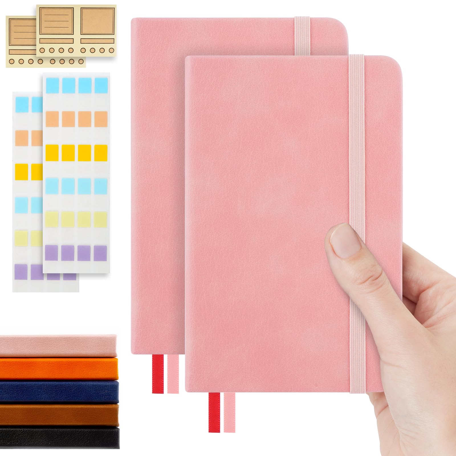 MicroSpark Pocket Dotted Notizbuch, 2er-Pack Punktraster Notizbuch, gepunktetes Tagebuch mit Aufklebern, 8,9 x 14 cm, Hardcover, kleines Mini-A6-Format, 160 Seiten, 100 g/m² dickes Papier, Blush Pink
