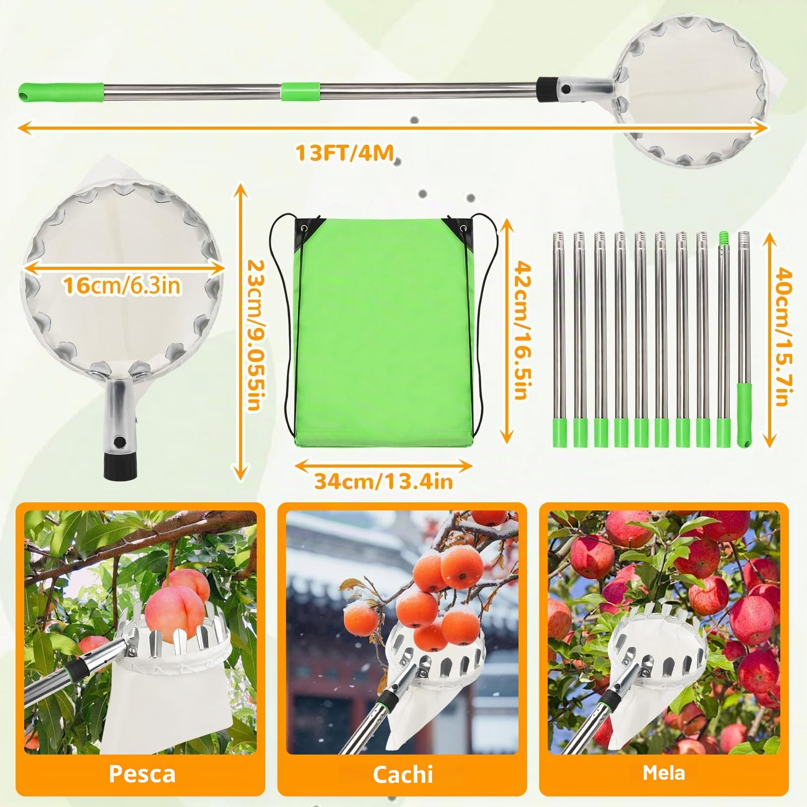 4M Raccogli Frutta Telescopico, Raccogli Cachi in Acciaio Inox e Borsa in Cotone, Regolabile Raccoglitore Mele con Manico Telescopico Lungo, Raccogli Frutta da Albero per Limoni Mele Pere Arance