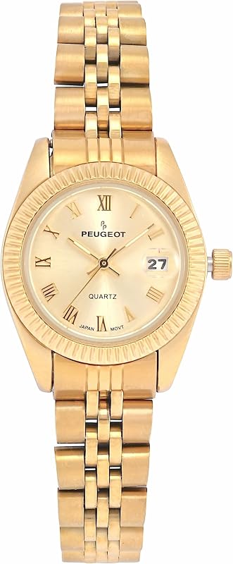 Peugeot Women's 14K Plated Luxury Status Wrist Watch with Fluted Watch Bezel, Gold Steel Bracelet Watch and Date Window Calendar Watch