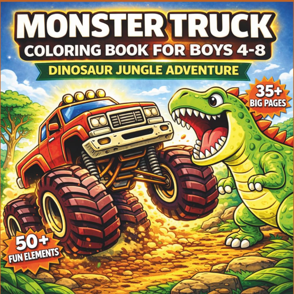 Monster Truck Coloring Book for Kids Ages 4–8: Big, Bold & Easy Coloring Pages with Trucks & Dinosaurs | Fun Jungle Scenes for Boys