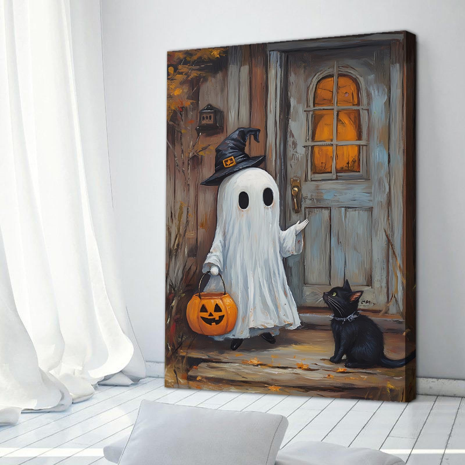 Via Vela Dunkler und seltsamer Stil Leinwanddruck Wandkunst Karikatur Alter Innenhof Geist und schwarze Katze Poster Bild Malerei für Klassenzimmer Dekor 50x75cm Innenrahmen