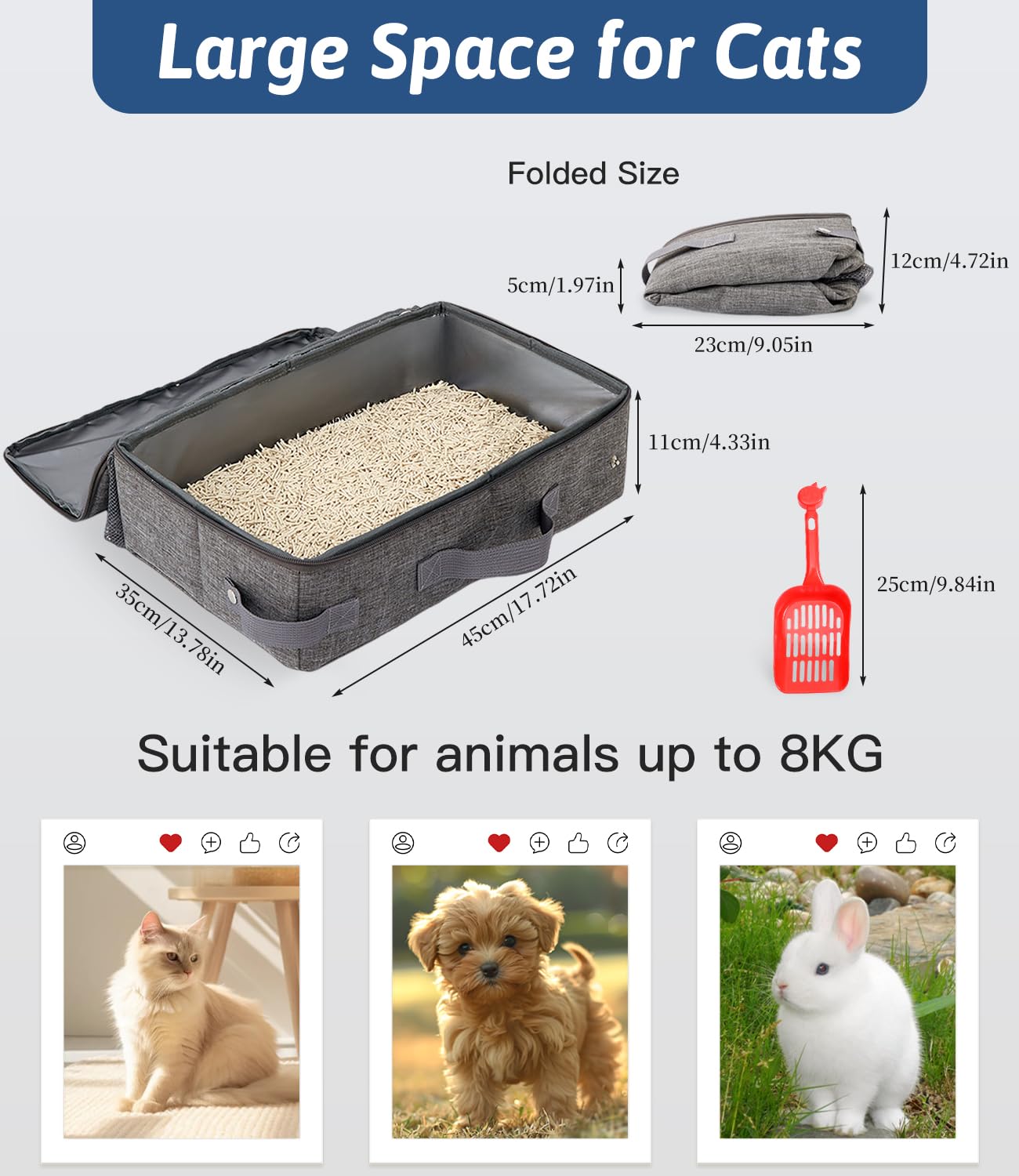Lettiera Portatile Toilette per Gatti con Coperchio, Lettiera Gatto Aperta con Cerniera e Manico a Paletta, Litter Box per il Viaggio, Leggera, Facile da Pulire, Pieghevole, a Prova di Perdite