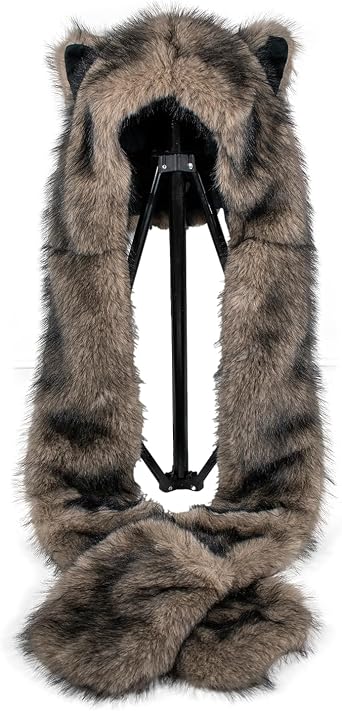 Wolf Hat Faux Fur Hood 3 in 1 Scarf Hat and Mittens with Ears and Paws, Plush Animal Spirit Costume